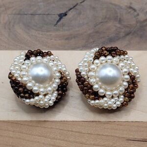 Vintage Clip Earrings Faux Pearls Large Center w/ cluster small around